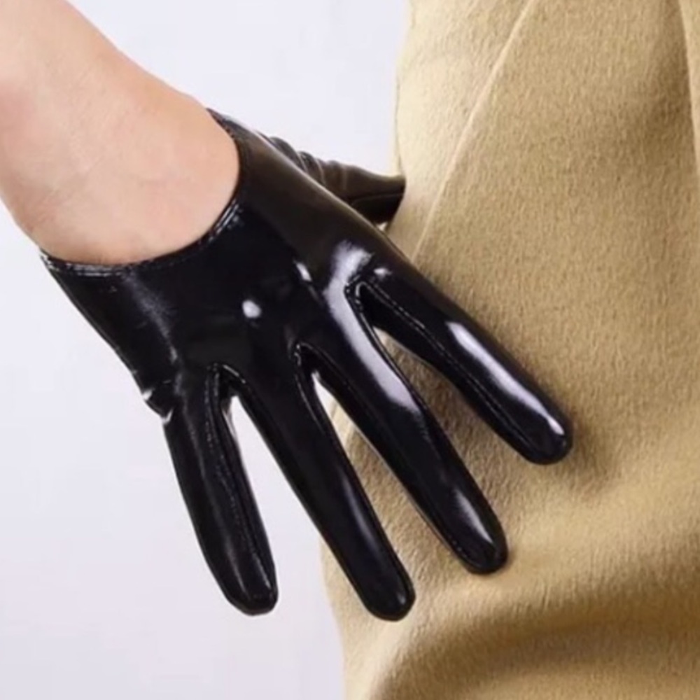 Black patent faux leather vinyl short cabaret gloves burlesque costume lingerie